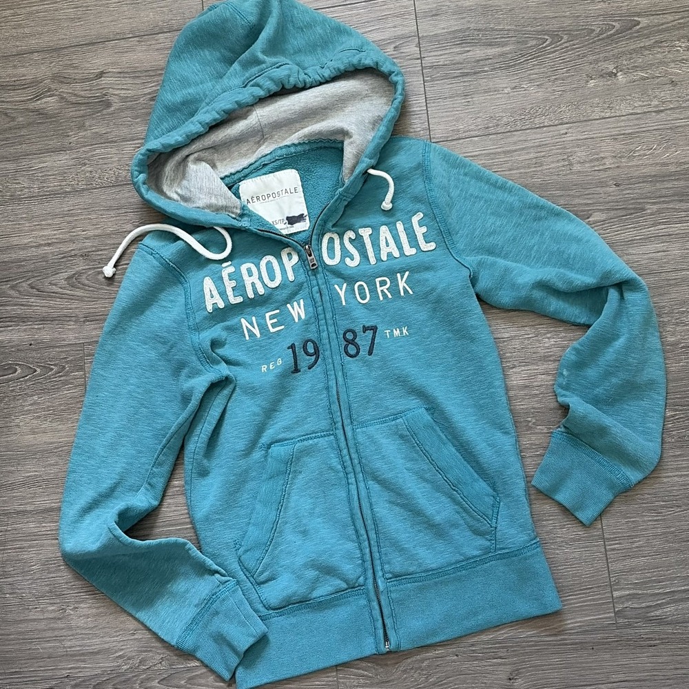 y2k Aeropostale Teal Blue Zip Up Hoodie New York 1987 Graphic Sweatshirt XS S